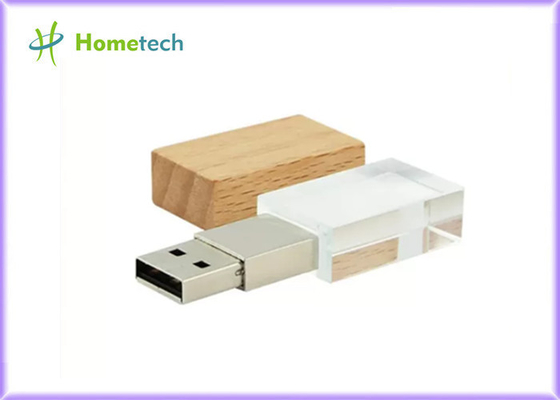 Το Drive λάμψης Usb κρυστάλλου με το ξύλο οδήγησε το ελαφρύ κρύσταλλο λογότυπων συνήθειας 32GB 64GB 128GB usb